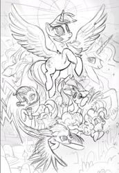 Size: 1650x2400 | Tagged: safe, artist:joy-ang, derpibooru import, applejack, fluttershy, pinkie pie, princess celestia, rainbow dash, rarity, spike, storm king, twilight sparkle, twilight sparkle (alicorn), alicorn, dragon, pony, g4, my little pony: the movie, the art of my little pony: the movie, black and white, concept art, grayscale, mane seven, mane six, monochrome, sketch