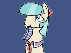 Size: 2048x1516 | Tagged: safe, artist:ewoudcponies, derpibooru import, coco pommel, earth pony, pony, g4, blue background, bust, clothes, female, mare, mouth hold, simple background, socks, solo, striped socks