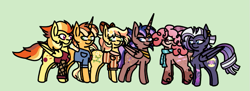 Size: 759x277 | Tagged: safe, artist:mlpartmaker300, derpibooru import, oc, oc only, oc:daisy may, oc:enchantra sorcery, oc:fruitbasket, oc:ninny, oc:obsidian storm, oc:volley pop, alicorn, earth pony, hybrid, pegasus, unicorn, alicorn oc, bow, clothes, earth pony oc, female, freckles, green background, hair bow, horn, interspecies offspring, jacket, magical lesbian spawn, male, mare, next generation, offspring, parent:applejack, parent:big macintosh, parent:flash sentry, parent:flim, parent:fluttershy, parent:pinkie pie, parent:prince rutherford, parent:rainbow dash, parent:rarity, parent:spitfire, parent:thunderlane, parent:twilight sparkle, parents:flashlight, parents:flimjack, parents:fluttermac, parents:pinkieford, parents:rarilane, parents:spitdash, pegasus oc, scarf, shirt, simple background, stallion, striped scarf, striped shirt, unicorn oc, wings