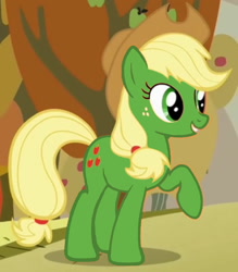 Size: 1170x1337 | Tagged: safe, derpibooru import, edit, edited screencap, screencap, applejack, earth pony, pony, fall weather friends, g4, alternate coat color, apple (color), applejack's hat, clothes, cowboy hat, cropped, female, green coat, hat, mare, not applejack, raised hoof, raised leg, recolor, solo, tree