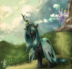 Size: 5247x5000 | Tagged: safe, artist:alicetimber, derpibooru import, queen chrysalis, changeling, changeling queen, g4, absurd resolution, canterlot, crown, female, jewelry, raised hoof, raised leg, regalia, solo