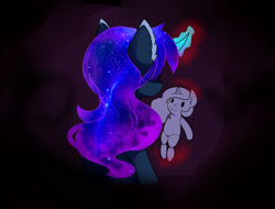 Size: 2084x1585 | Tagged: safe, artist:magnaluna, derpibooru import, princess celestia, princess luna, alicorn, pony, g4, curved horn, ear fluff, ears, ethereal mane, female, galaxy mane, glowing, glowing horn, horn, mare, simple background, solo, voodoo doll