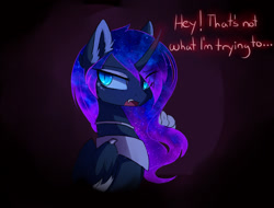 Size: 2084x1585 | Tagged: safe, artist:magnaluna, derpibooru import, princess celestia, princess luna, alicorn, pony, g4, collar, colored pupils, curved horn, dialogue, ear fluff, ears, ethereal mane, fangs, female, folded wings, galaxy mane, horn, looking at you, mare, open mouth, peytral, simple background, slit eyes, solo, voodoo doll, wings