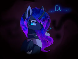 Size: 2084x1585 | Tagged: safe, artist:magnaluna, derpibooru import, princess celestia, princess luna, alicorn, pony, g4, collar, colored pupils, curved horn, dialogue, ear fluff, ears, ethereal mane, female, folded wings, galaxy mane, horn, lidded eyes, mare, peytral, simple background, solo, voodoo doll, vulgar, wings