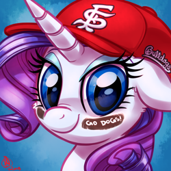 Size: 1800x1800 | Tagged: safe, artist:whitediamonds, derpibooru import, rarity, pony, unicorn, g4, baseball cap, bust, cap, commission, eye black (makeup), eyeshadow, face paint, female, fresno state bulldogs, hat, horn, looking at you, makeup, mare, portrait, signature, smiling, smiling at you, solo, sports