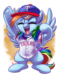 Size: 2550x3300 | Tagged: safe, artist:whitediamonds, derpibooru import, rainbow dash, pegasus, pony, g4, abstract background, baseball, baseball cap, cap, cheering, clothes, commission, commissioner:ajnrules, cute, dashabetes, ear fluff, ears, eyebrows, eyebrows visible through hair, eyes closed, female, frog (hoof), hat, high res, hoof in air, hooves in air, hooves up, mare, mlb, open mouth, open smile, raised hoof, raised leg, shirt, sitting, smiling, solo, sports, spread wings, tail, texas, texas rangers, underhoof, wings