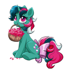 Size: 3366x3517 | Tagged: safe, artist:confetticakez, derpibooru import, fizzy, pony, unicorn, g1, g4, basket, blushing, bow, cute, female, fizzybetes, flower, g1 to g4, generation leap, high res, horn, looking at you, mare, mouth hold, simple background, sitting, smiling, smiling at you, solo, tail, tail bow, underhoof, white background