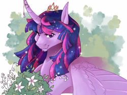 Size: 4000x3000 | Tagged: safe, artist:cerulean-crow, derpibooru import, twilight sparkle, twilight sparkle (alicorn), alicorn, pony, g4, bouquet, bust, chin fluff, crown, curved horn, ethereal mane, female, flower, high res, horn, horn jewelry, jewelry, looking at you, mare, new crown, regalia, smiling, smiling at you, solo, starry mane, tiara, wings, wings down