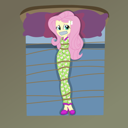 Size: 2500x2500 | Tagged: safe, artist:nie-martw-sie-o-mnie, derpibooru import, part of a set, fluttershy, human, equestria girls, g4, bed, bondage, butterfly hairpin, clothes, female, femsub, fluttersub, gag, looking at you, lying down, on back, pajamas, pillow, rope, rope bondage, solo, submissive, tape, tape gag, tied down, tied to bed, tied up