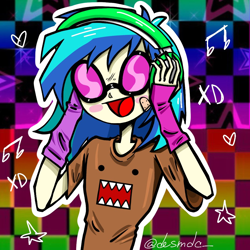 Size: 1080x1080 | Tagged: safe, artist:desmdc_, derpibooru import, dj pon-3, vinyl scratch, human, equestria girls, g4, arm warmers, bandaid, black nail polish, blush sticker, blushing, checkered background, clothes, domo, emo, epic face, female, fingerless gloves, glasses, gloves, gradient background, halfbody, headphones, heart, music notes, open mouth, open smile, outline, painted nails, patterned background, rainbow background, scemo, scene, scene kid, scenecore, shiny hair, shirt, signature, smiling, solo, stars, t-shirt, thin, vinyl's glasses, vinyl's headphones, xd