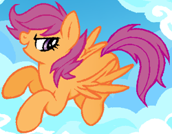 Size: 380x297 | Tagged: safe, artist:muffinz, derpibooru import, scootaloo, pegasus, pony, g4, blank flank, cloud, colored, flat colors, floating, flying, looking back, narrowed eyes, older, older scootaloo, open mouth, open smile, pixel-crisp art, profile, scootaloo can fly, sky, smiling, solo, spread wings, wings