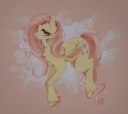 Size: 859x766 | Tagged: safe, artist:nolongeranimals, artist:wetdog2003, derpibooru import, fluttershy, pegasus, pony, g4, abstract background, chest fluff, concave belly, desaturated, ear fluff, ears, fetlock tuft, folded wings, hoof fluff, knee blush, leg blush, lidded eyes, no mouth, profile, shiny eyelashes, shiny mane, shiny tail, solo, stars, thick eyelashes, wings