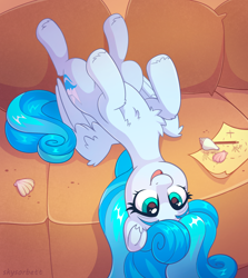 Size: 1814x2031 | Tagged: safe, artist:skysorbett, derpibooru import, oc, oc only, oc:prismarine aqua, pegasus, pony, chest fluff, commission, cute, eyebrows, female, long mane, looking up, lying down, map, mare, ocbetes, on back, open mouth, pegasus oc, pencil, pillow, seashell, sofa, solo, ych result