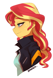 Size: 928x1351 | Tagged: safe, artist:maren, derpibooru import, sunset shimmer, human, equestria girls, g4, breasts, digital art, female, mare, nervous, nervous smile, nervous sweat, profile, simple background, smiling, solo