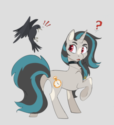 Size: 2450x2690 | Tagged: safe, artist:shanyata, derpibooru import, oc, oc only, oc:smoky spectre, bird, crow, pony, unicorn, artfight, blaze (coat marking), chest fluff, choker, coat markings, colored eyebrows, colored pinnae, colored pupils, concave belly, exclamation point, eyelashes, facial markings, female, female oc, frown, gift art, gray background, gray coat, horn, leg markings, long mane, long tail, looking at something, looking back, mare, mare oc, open frown, open mouth, question mark, raised hoof, raised leg, rear view, red eyes, red pupils, simple background, solo, standing, standing on three hooves, striped mane, striped tail, tail, two toned mane, two toned tail, unicorn horn, unicorn oc