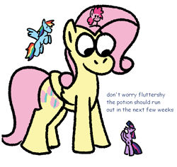 Size: 803x757 | Tagged: safe, artist:zoeyhorse, derpibooru import, fluttershy, pinkie pie, rainbow dash, twilight sparkle, unicorn twilight, earth pony, pegasus, pony, unicorn, g4, dialogue, female, flying, giant pony, horn, macro, mare, missing cutie mark, no iris, simple background, solo focus, white background