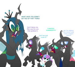 Size: 1792x1614 | Tagged: safe, artist:klondike, derpibooru import, princess flurry heart, queen chrysalis, oc, oc:aculeus, oc:maxilla, oc:mimesis, oc:saccu, g4, dialogue, implied kidnapping, simple background, white background