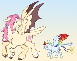 Size: 2500x1962 | Tagged: safe, artist:firbolg, derpibooru import, fluttershy, rainbow dash, bat pony, pegasus, g4, bat ponified, duo, duo female, female, flutterbat, gradient background, race swap, redesign, smoldash, tallershy