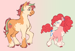 Size: 2500x1691 | Tagged: safe, artist:firbolg, derpibooru import, applejack, pinkie pie, earth pony, g4, duo, duo male and female, female, gradient background, male, redesign