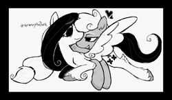 Size: 1809x1049 | Tagged: safe, artist:grimscythedark, derpibooru import, applejack, fluttershy, earth pony, pegasus, pony, g4, appleshy, black and white, cuddling, duo, duo female, female, grayscale, heart, lesbian, mare, monochrome, one wing out, shipping, simple background, smiling, unshorn fetlocks, white background, wings