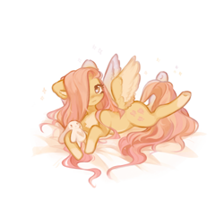 Size: 4374x4096 | Tagged: safe, artist:deadchrltte, derpibooru import, fluttershy, pegasus, pony, g4, :3, bunny plushie, butt, chest fluff, coat markings, colored ear fluff, colored wings, cute, female, flutterbutt, hair over one eye, long mane, long tail, looking at you, lying down, mare, pale belly, plot, plushie, prone, shyabetes, simple background, socks (coat marking), solo, sploot, spread wings, tail, two toned wings, underhoof, white background, wings