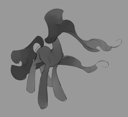 Size: 2373x2160 | Tagged: safe, artist:angrygem, derpibooru import, oc, oc only, oc:nyssa (shadow tail), dullahan, earth pony, pony, detachable head, disembodied head, gray background, headless, modular, monochrome, simple background, smoke, solo, standing