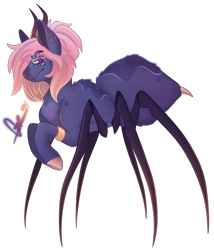 Size: 2068x2413 | Tagged: safe, artist:trashpanda czar, derpibooru import, oc, oc only, oc:chrysilla volupe, monster pony, original species, spiderpony, abdomen, chest fluff, cloven hooves, coat markings, colored horns, ear fluff, ear markings, ears, eyebrows, eyebrows visible through hair, fangs, female, female oc, fluffy, frown, gradient mane, horn, horns, jewelry, leg band, mare oc, multiple eyes, ponytail, procreate app, profile, shoulder fluff, simple background, slit eyes, solo, standing, stinger, tied mane, transparent background