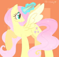 Size: 2291x2183 | Tagged: safe, artist:bunnybuns126, derpibooru import, fluttershy, alicorn, pony, g4, alicornified, ethereal mane, female, fluttercorn, glowing, glowing horn, gradient mane, head turn, high res, horn, mare, orange background, passepartout, race swap, raised hoof, raised leg, simple background, smiling, solo, spread wings, starry mane, wings