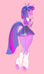 Size: 780x1323 | Tagged: safe, artist:shugrcube, derpibooru import, twilight sparkle, anthro, unguligrade anthro, unicorn, g4, clothes, female, horn, leg warmers, looking back, panties, panty shot, school uniform, simple background, skirt, smiling, solo, underwear, upskirt