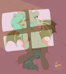 Size: 1280x1437 | Tagged: safe, artist:dagmell, derpibooru import, oc, oc only, oc:nail, bat pony, pony, art trade, bat wings, belly, belly fluff, chest fluff, eyes closed, fangs, light, open mouth, sleeping, snoring, solo, spread wings, window, wings