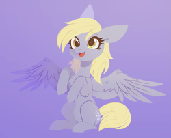 Size: 3113x2512 | Tagged: safe, artist:belka-sempai, derpibooru import, derpy hooves, pegasus, pony, g4, belly fluff, blonde, blonde mane, blonde tail, chest fluff, cute, derp, eyebrows, eyebrows visible through hair, female, full body, gradient background, gray coat, happy, hock fluff, mare, open mouth, open smile, purple background, simple background, sitting, smiling, solo, spread wings, tail, wings