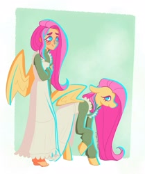 Size: 1713x2048 | Tagged: safe, artist:captain-mozzarella, derpibooru import, fluttershy, human, pony, g4, clothes, dress, duo, duo female, ears, female, floppy ears, human ponidox, humanized, mare, passepartout, raised hoof, raised leg, self paradox, self ponidox, smiling, winged humanization, wings