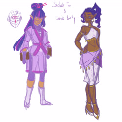 Size: 4096x4096 | Tagged: safe, artist:captain-mozzarella, derpibooru import, rarity, twilight sparkle, human, g4, clothes, dark skin, duo, duo female, elf ears, female, gerudo, gerudo outfit, hand on hip, humanized, hylian, kimono (clothing), sandals, sheikah, simple background, socks, tan skin, the legend of zelda, white background