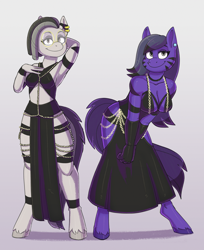 Size: 1956x2400 | Tagged: safe, artist:xxbluessinbinxx, derpibooru import, oc, oc only, oc:berula, oc:violet corruption, anthro, original species, zebra, bipedal, chains, clothes, daughter, dress, female, fishtail dress meme, looking at you, mare, meme, mother, mother and child, mother and daughter, parent and child, smiling, smiling at you, zebra oc