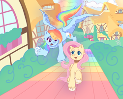 Size: 2048x1645 | Tagged: safe, artist:kiwi-yum, derpibooru import, fluttershy, rainbow dash, pegasus, pony, g4, duo, duo female, eye clipping through hair, female, flying, mare, open mouth, open smile, ponyville, smiling, spread wings, wings