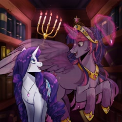 Size: 2500x2500 | Tagged: safe, artist:slapearl, derpibooru import, rarity, twilight sparkle, twilight sparkle (alicorn), alicorn, ghost, pony, undead, unicorn, fanfic:the enchanted library, g4, big crown thingy, book, candle, crown, cute, duo, duo female, element of magic, eyeshadow, fanfic art, female, glowing, glowing horn, hoof shoes, horn, jewelry, lesbian, library, lipstick, magic, makeup, mare, necklace, open mouth, raribetes, rarilight, regalia, shipping, twiabetes