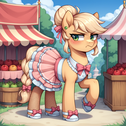 Size: 1536x1536 | Tagged: safe, ai content, derpibooru import, generator:stable diffusion, machine learning generated, applejack, earth pony, pony, g4, alternate hairstyle, annoyed, apple, applejack also dresses in style, applejack is not amused, basket, blushing, bow, bowtie, braid, braided tail, building, clothes, cloud, ear clip, embarrassed, eyebrows, eyebrows visible through hair, female, fishnet clothing, fishnet stockings, food, food stand, frills, frilly, frilly skirt, frown, fruit stand, full body, generator:bluefox mix, grass, ground, hair bow, hair bun, hatless, hoof shoes, looking sideways, mare, market, missing accessory, necktie, outdoors, path, pink bow, prompter:tyto4tme4l, raised hoof, raised leg, ribbon, skirt, sky, solo, stand, stockings, tail, tail bow, thigh highs, three quarter view, unamused, wood