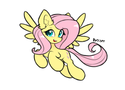 Size: 1800x1300 | Tagged: safe, artist:rejiser, derpibooru import, fluttershy, pegasus, pony, g4, cute, ear fluff, ears, female, flying, long tail, looking at you, open mouth, raised hoof, raised leg, shyabetes, simple background, smiling, smiling at you, solo, spread wings, tail, white background, wings