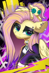 Size: 1365x2048 | Tagged: safe, artist:kebchach, derpibooru import, fluttershy, pegasus, pony, g4, abstract background, big ears, big eyes, black eyeshadow, blue pupils, colored pupils, ear fluff, ear piercing, earring, ears, eyebrow piercing, eyelashes, eyeshadow, floppy ears, fluttergoth, folded wings, frown, halftone, jewelry, lidded eyes, looking away, makeup, piercing, raised hoof, raised leg, screentone, shiny eyes, solo, voodoo doll, wing fluff, wings