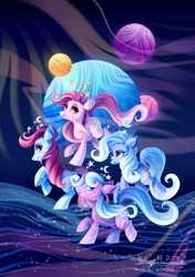 Size: 3876x5500 | Tagged: safe, artist:neonishe, derpibooru import, earth pony, pony, g1, abstract background, detailed background, eyelashes, fairy brights, fancy swirl ponies, female, flowing mane, flowing tail, group, mare, mistyglow, pearlshine, quartet, shiny eyes, signature, smiling, space, sparkly mane, sparkly tail, starswirl, swirlabout, tail, wavy mane, wavy tail