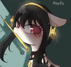 Size: 1215x1145 | Tagged: safe, artist:xinjinjumin0766616, derpibooru import, earth pony, pony, anime, bust, female, hairpin, injured, jewelry, mare, mouth hold, ponified, portrait, solo, species swap, spy x family, text, yor forger