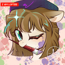 Size: 1080x1080 | Tagged: safe, artist:xinjinjumin0766616, derpibooru import, earth pony, pony, abstract background, blushing, bust, detective conan, female, filly, foal, haibara ai, hat, looking at you, mouth hold, one eye closed, paint, paint on fur, paintbrush, ponified, portrait, smiling, solo, species swap, text, wink