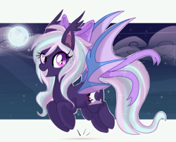 Size: 2705x2185 | Tagged: safe, artist:spookyle, derpibooru import, oc, oc only, oc:hollow mist, bat pony, pony, bat pony oc, bow, cloud, colored pinnae, colored wings, ear tufts, eyelashes, fangs, fluffy mane, flying, full moon, hair accessory, hair bow, high res, long mane, long tail, looking at you, mane accessory, moon, multicolored mane, multicolored tail, night, open mouth, open smile, outdoors, passepartout, purple bow, purple coat, purple eyes, shiny mane, shiny tail, slit eyes, smiling, smiling at you, solo, sparkly mane, sparkly tail, spread wings, tail, tail accessory, tail bow, tall ears, two toned wings, wings