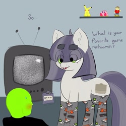 Size: 3000x3000 | Tagged: safe, derpibooru import, oc, oc only, oc:anon, oc:dot matrix, earth pony, pikachu, amiibo, animal crossing, dialogue, earth pony oc, female, gamecube, kirby (series), long socks, mare, pokémon, television, video game console