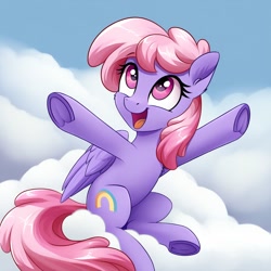 Size: 1024x1024 | Tagged: safe, ai content, derpibooru import, generator:pony diffusion v6 xl, generator:stable diffusion, machine learning generated, rainbowshine, pegasus, pony, g4, bust, cloud, female, happy, joy, looking up, mare, open mouth, open smile, portrait, prompter:siber, rainbowshining, sitting, smiling, solo, waving arms