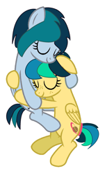 Size: 1331x2205 | Tagged: safe, artist:detailedatream1991, derpibooru import, oc, oc only, oc:apogee, oc:delta vee, pegasus, pony, duo, female, folded wings, freckles, grin, happy, hug, mare, mother and child, mother and daughter, parent and child, pegasus oc, short tail, show accurate, simple background, smiling, spread wings, tail, white background, wings