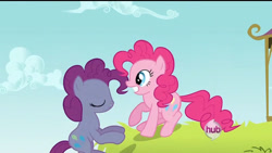 Size: 1280x720 | Tagged: safe, derpibooru import, edit, edited screencap, screencap, pinkie pie, earth pony, pony, a friend in deed, g4, eyes closed, hub logo, logo, smiling, the hub, wat