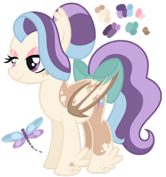 Size: 972x1032 | Tagged: safe, artist:monochrome-sunsets, derpibooru import, oc, oc only, bat pony, pony, base used, bow, color palette, colored wings, cream coat, ear tufts, eyelashes, eyeshadow, feathered fetlocks, female, female oc, folded wings, hair bun, leg markings, lidded eyes, long tail, makeup, mare, mare oc, pink eyeshadow, purple eyes, simple background, smiling, solo, standing, tail, tail accessory, tail bow, three toned mane, three toned tail, tied mane, transparent background, two toned coat, wavy tail, wing markings, wings