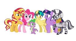 Size: 3160x1700 | Tagged: safe, artist:detailedatream1991, derpibooru import, pinkie pie, spike, sunset shimmer, twilight sparkle, twilight sparkle (alicorn), zecora, oc, oc:apogee, alicorn, dragon, earth pony, pegasus, pony, unicorn, zebra, g4, female, folded wings, freckles, horn, male, mare, pegasus oc, raised hoof, raised leg, short tail, show accurate, simple background, solo, spread wings, tail, white background, wingless spike, wings