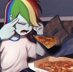 Size: 1281x1263 | Tagged: safe, artist:maren, derpibooru import, rainbow dash, human, equestria girls, g4, clothes, eyes closed, female, food, hands on temples, levitation, magic, meme, open mouth, pizza, pizza box, ponified, ponified meme, reference in the comments, solo, telekinesis